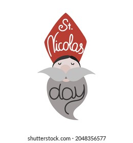 Greeting card with text lettering ST. NICOLAS DAY.  Saint Nicolas cute character. 