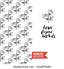 Greeting card with text: love beyond words. Floral continuous line drawing pattern with flowers on one side. Hand drawn one line illustration. Invitation, post card or flyer vector template.