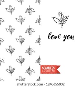 Greeting card with text: love you. Floral continuous line drawing pattern with flowers on one side. Hand drawn one line illustration. Invitation, post card or flyer vector template.