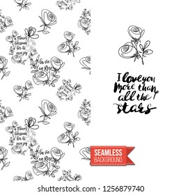 Greeting card with text: i love you more than all the stars. Floral continuous line drawing pattern with flowers on one side. Hand drawn one line illustration.