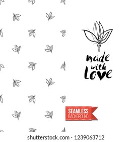 Greeting card with text: made with love. Floral continuous line drawing pattern with flowers on one side. Hand drawn one line illustration. Invitation, post card or flyer vector template.