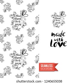 Greeting card with text: made with love. Floral continuous line drawing pattern with flowers on one side. Hand drawn one line illustration. Invitation, post card or flyer vector template.