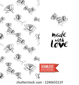 Greeting card with text: made with love. Floral continuous line drawing pattern with flowers on one side. Hand drawn one line illustration. Invitation, post card or flyer vector template.