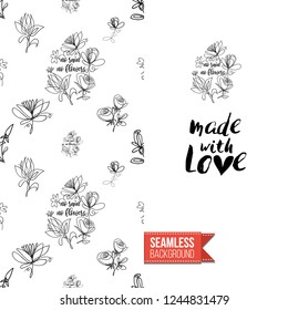 Greeting card with text: made with love. Floral continuous line drawing pattern with flowers on one side. Hand drawn one line illustration. Invitation, post card or flyer vector template.