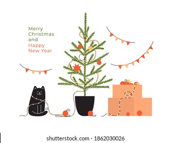 Greeting card with text Merry Christmas and Happy new year. Celebration holidays at home. Postcard with decorated Christmas tree, cat in garland, box with festive decor. Cartoon vector illustration