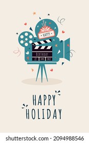 Tarjeta de felicitación. Texto sobre el fondo de la pantalla de cine y la placa de la sala de cine con palomitas de maíz. Ilustración vectorial.
