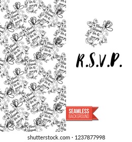 Greeting card with text: r.s.v.p.. Floral continuous line drawing pattern with flowers on one side. Hand drawn one line illustration. Invitation, post card or flyer vector template.