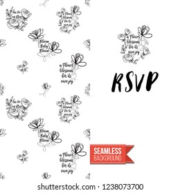 Greeting card with text: rsvp. Floral continuous line drawing pattern with flowers on one side. Hand drawn one line illustration. Invitation, post card or flyer vector template.