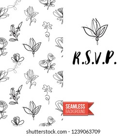 Greeting card with text: r.s.v.p.. Floral continuous line drawing pattern with flowers on one side. Hand drawn one line illustration. Invitation, post card or flyer vector template.