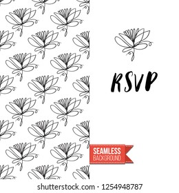 Greeting card with text: rsvp. Floral continuous line drawing pattern with flowers on one side. Hand drawn one line illustration. Invitation, post card or flyer vector template.