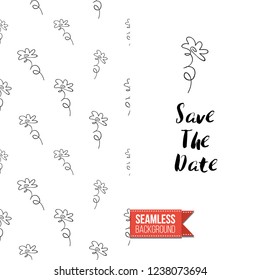 Greeting card with text: save the date. Floral continuous line drawing pattern with flowers on one side. Hand drawn one line illustration. Invitation, post card or flyer vector template.
