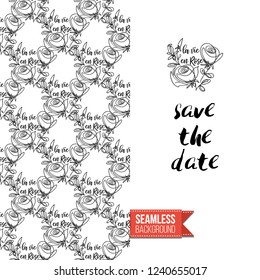 Greeting card with text: save the date. Floral continuous line drawing pattern with flowers on one side. Hand drawn one line illustration. Invitation, post card or flyer vector template.