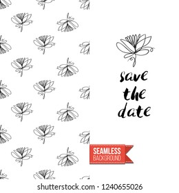 Greeting card with text: save the date. Floral continuous line drawing pattern with flowers on one side. Hand drawn one line illustration. Invitation, post card or flyer vector template.