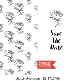 Greeting card with text: save the date. Floral continuous line drawing pattern with flowers on one side. Hand drawn one line illustration. Invitation, post card or flyer vector template.
