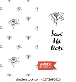 Greeting card with text: save the date. Floral continuous line drawing pattern with flowers on one side. Hand drawn one line illustration. Invitation, post card or flyer vector template.