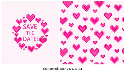 Greeting card with text Save the Date, abstract pink hearts frame and seamless wallpaper for Valentines day and wedding design