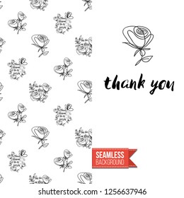 Greeting card with text: thank you. Floral continuous line drawing pattern with flowers on one side. Hand drawn one line illustration. Invitation, post card or flyer vector template.