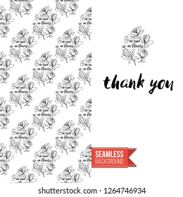 Greeting card with text: thank you. Floral continuous line drawing pattern with flowers on one side. Hand drawn one line illustration. Invitation, post card or flyer vector template.