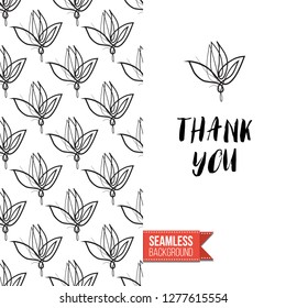 Greeting card with text: thank you. Floral continuous line drawing pattern with flowers on one side. Hand drawn one line illustration. Invitation, post card or flyer vector template.