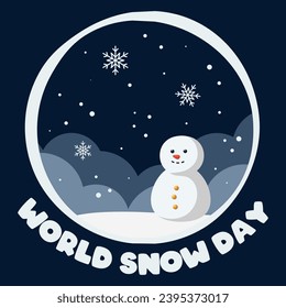 Greeting card with text World Snow Day. Dark background with snow, snowdrifts and snowman. Vector illustration in cartoon style