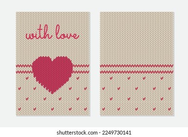 Greeting card with the texture of a knitted fabric with a heart. Vector illustration for your design