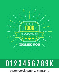 Greeting card with thank to followers. Line art label for social media. Web user or blogger celebrates a large number of subscribers.
