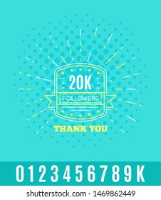Greeting card with thank to followers. Line art label for social media. Web user or blogger celebrates a large number of subscribers.