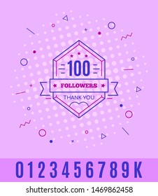 Greeting card with thank to followers. Line art label for social media. Web user or blogger celebrates a large number of subscribers.