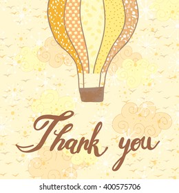 Greeting card Thank you. Vintage card with colorful balloon in the cloudy sky and hand-drawn text.