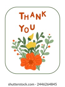 Greeting card with thanks and abstract flowers. Flat colored composition isolated on white background with text Thank you. Holiday concept. Unique print design for printout, poster, interior