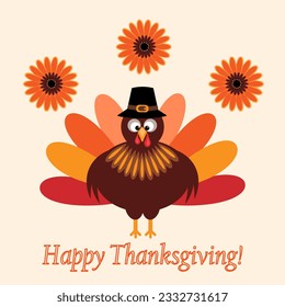 Greeting card with Thanksgiving turkey in pilgrim hat and autumn flowers, vector illustration.