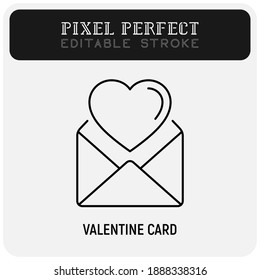 Greeting card thin line icon: open envelope with heart. Pixel perfect, editable stroke. Vector illustration.