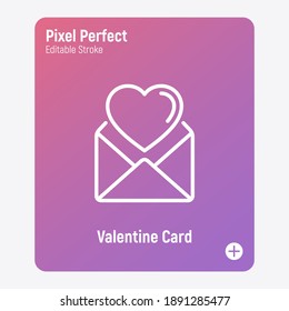 Greeting card thin line icon: open envelope with heart. Pixel perfect, editable stroke. Vector illustration.