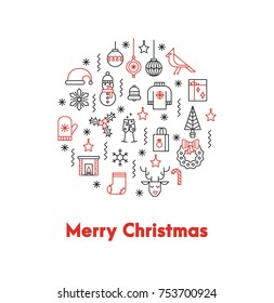 Greeting card with thin line icons ans big red words Merry Christmas.
The flyer can be used in Christmas sales, promotions, decorations,