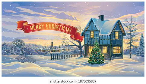 Greeting card in this form winter landscape with a festive ribbon
and with a festively decorated house and decorated Christmas tree in in rural areas.