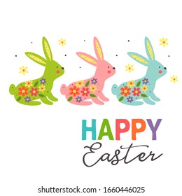 greeting card with three colorful easter bunnies on white background
 - vector illustration, eps    