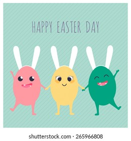 Greeting card with three colorful Easter rabbits. Funny bunny. Easter Bunny.
