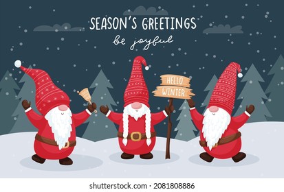 A greeting card with three cute in a snowy forest. A dwarf holds a sign with the words - Hello winter. Color vector illustration with flat cartoon characters on a dark background.