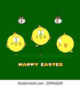 greeting card with three Easter Chiken and eggs