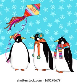 Greeting card with three funny penguins. Background with snowflakes.