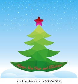 Greeting card with three green fir trees in snowdrift and snowfalling for congratulations with Happy New Year and Merry Christmas. Vector illustration