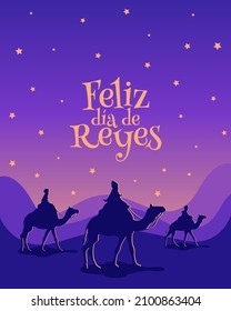 Greeting card of the three wise men riding camels. Three Kings Day.