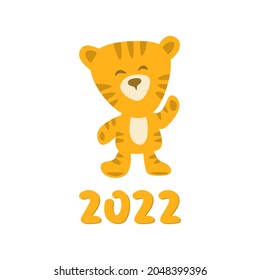 Tarjeta de saludo con tazas de tigre y texto - 2022. El carácter de rayas naranjas es muy bonito y está aislado en un fondo blanco. El símbolo del Año Nuevo. El estilo de los niños es sencillo y plano. Ilustración vectorial.