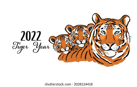 Greeting Card With Tigers Family. Symbol Of 2022 New Year. Design Template For Christmas Card, Banner, Poster, Holiday Decoration