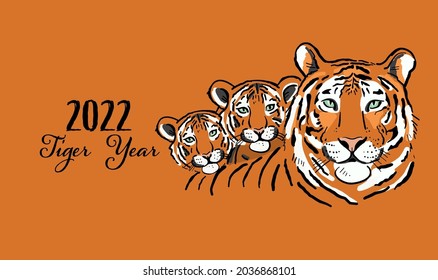 Greeting card with Tigers family. Symbol of 2022 New Year. Design Template for Christmas card, banner, poster, holiday decoration