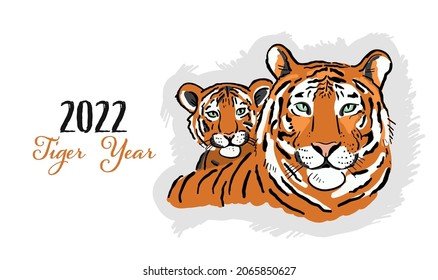 Greeting card with Tigers family. Symbol of 2022 New Year. Design Template for Christmas card, banner, poster, holiday decoration