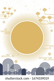 Greeting card with traditional Asian elements, oriental flowers, peony, moon, mountain and clouds. Vector illustration.