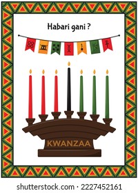 Greeting card with traditional candle holder - Kinara and flags with signs of Kwanzaa principles. Habari gani - What's news in Swahili. Frame with African triangle patterns. Color vector illustration