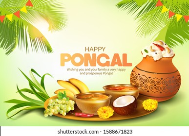 Greeting card with traditional food and clay pot with rice for Indian harvest festival Pongal (Makar Sankranti). Vector illustration.