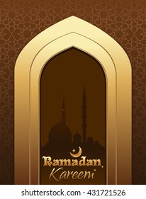 Greeting card with traditional Islamic pattern, arch in mosque, arabian night and stylish text Ramadan Kareem. Ramadan Kareem decorative background design. Vector illustration